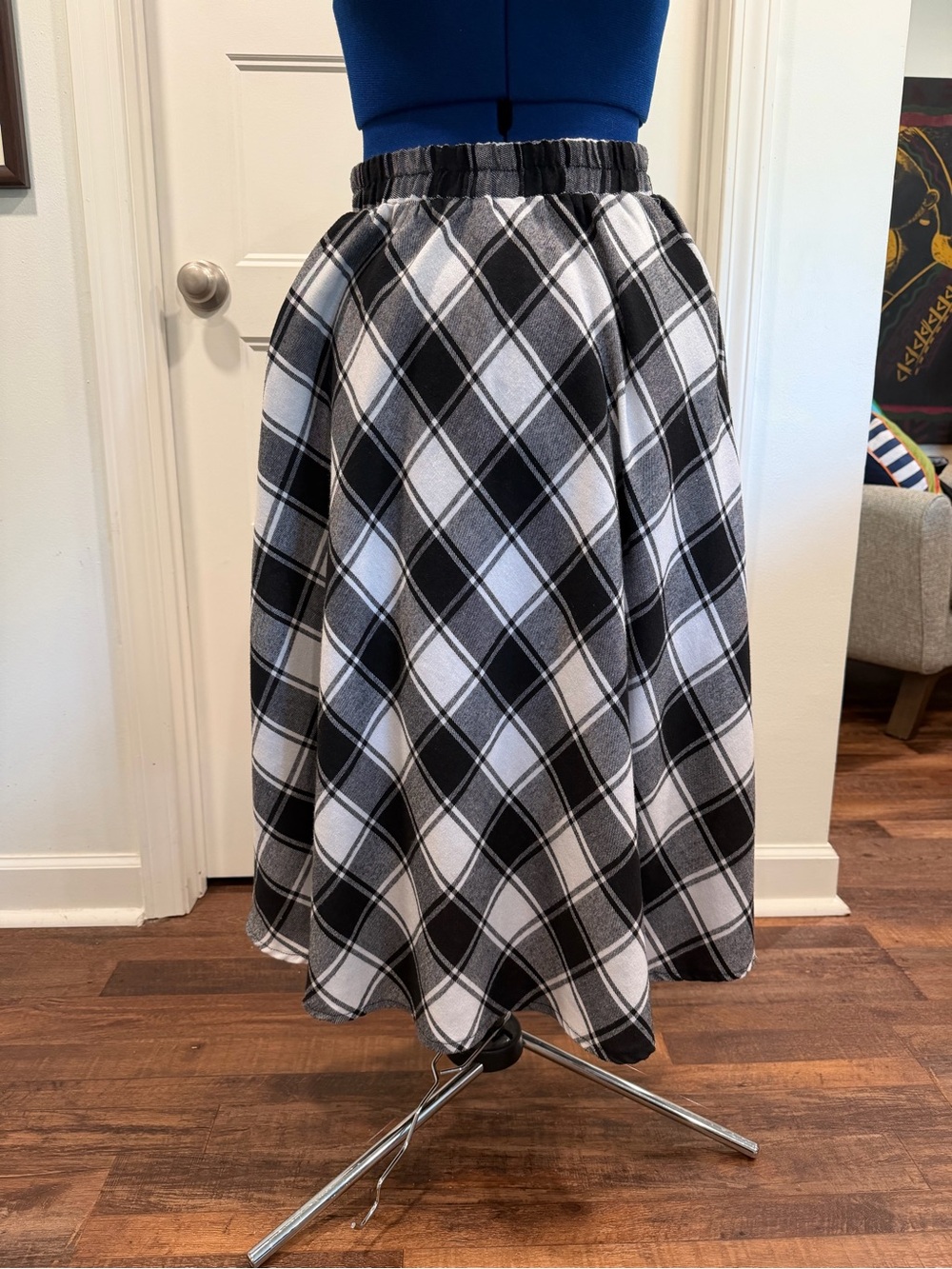Black and White 100% Cotton Plaid A-Line Skirt - Women's